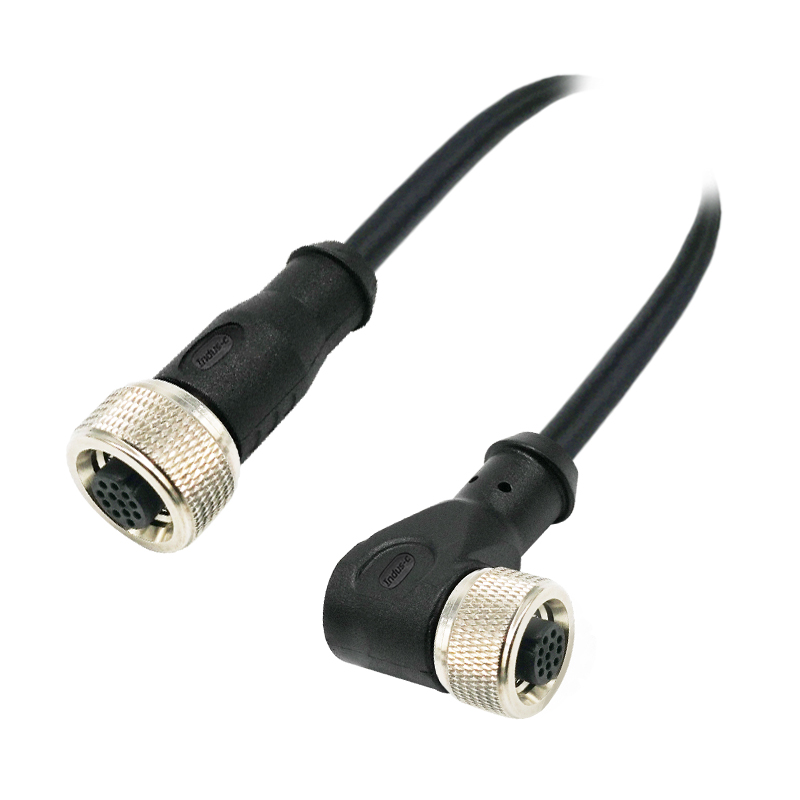 Push-pull m12 12pins A code female straight to female right angle molded cable,unshielded,PVC,-40°C~+105°C,22AWG 0.34mm²,brass with nickel plated screw